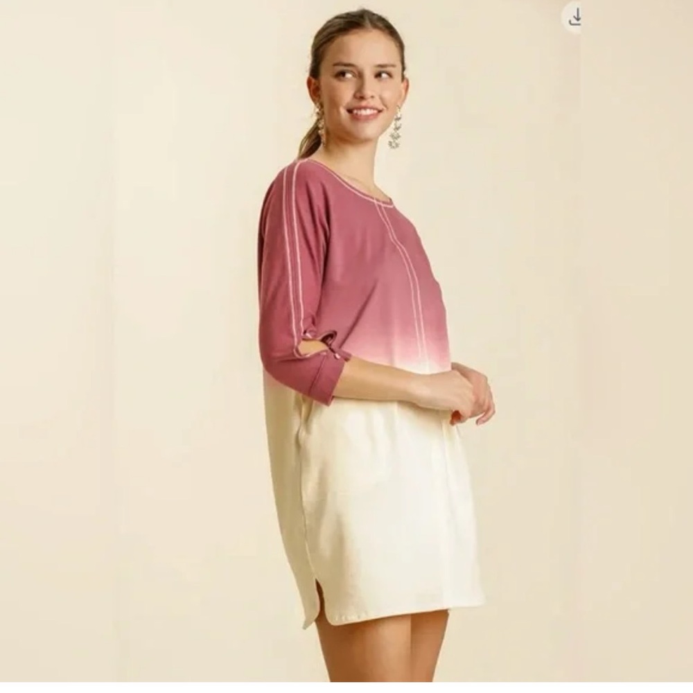 Umgee Dip Dye French Terry Dress or Tunic with Pockets and Button -Tab Sleeves
